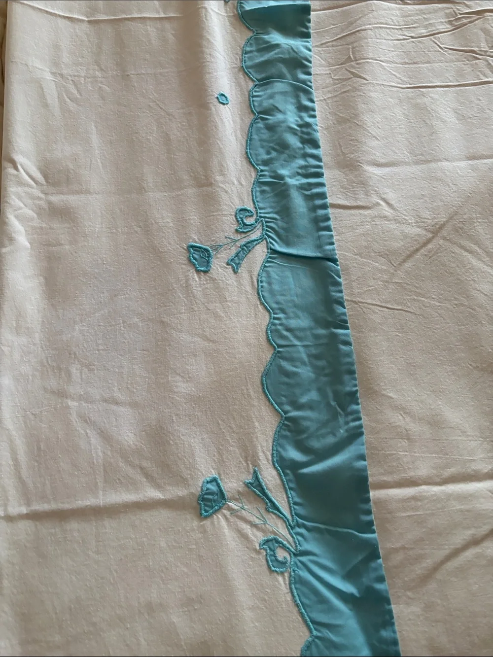 Vintage Hand Made Embroidered Cotton Queen Top Sheet, Teal & White